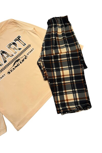 Fil Kids Father-Son Boy's Beige Plaid Patterned Winter Crew Neck Pajama Set Cotton Flexible Milan Fabric