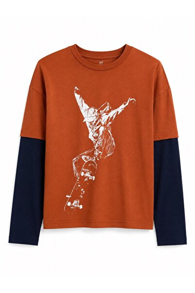 GAP Kids Gap Boys' Crew Neck Graphic Printed Double Color Long Sleeve T-Shirt...