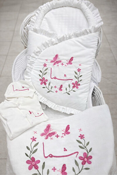 OMES 100% turkish cotton embroidered newborn set (muslin + blanket + overalls...