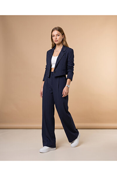 EsperaModa Monaco Çizgili Crop Blazer Ceket ve Yüksek Bel Palazzo Pantolon Takım