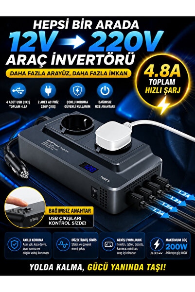 MATECHNO 200W Araç İnvertörü 12V DC - 220V AC Dönüştürücü 2 AC Priz + 4 USB 4...