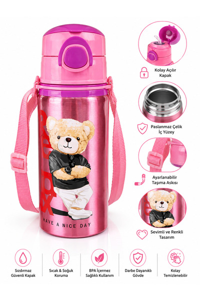 Miro Toys Children's Bear Tedy Themed Thermos 500 ml Leak-Proof Flask with Me...