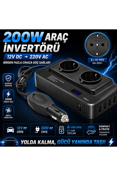 asua 200W Araç İnvertörü 12V DC - 220V AC Dönüştürücü 2 AC Priz + 4 USB 4.8A ...