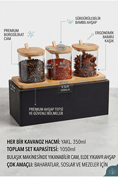 RİVO HOME DECOR طقم علب توابل من الزجاج البوروسيليكات مع أغطية من الخيزران وم...