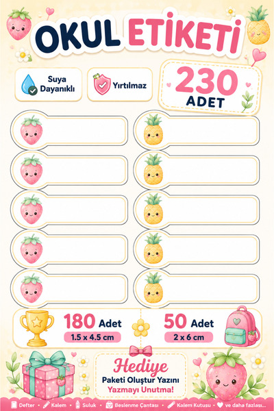 LABELOVE Kişiye Özel Meyveler Okul Etiketi 230 Adet | Suya ve Yırtılmaya Daya...