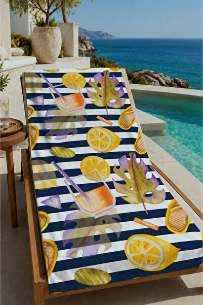 Evmila Navy Blue Yellow Striped Lemon Patterned 70X150 Beach Towel - Cotton B...