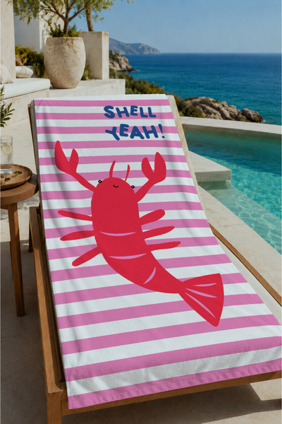 Evmila Pink and White Striped Lobster Shell Yeah Written 70X150 Beach Towel -...