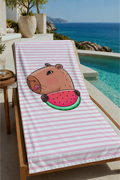 Evmila Pink Striped Capybara and Watermelon Patterned 70X150 Beach Towel - Co...