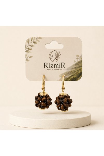 rizmir Women's Brown Bead Detailed Gold Hoop Dangle Earrings