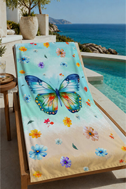 Evmila Yellow Blue Butterfly and Flower Patterned 70X150 Beach Towel - Cotton...