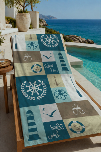 Evmila Navy Blue Beige Sailor Patchwork Rudder Lantern Patterned 70X150 Beach...