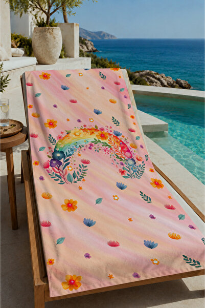 Evmila Pastel Pink Rainbow and Mini Motif Patterned 70X150 Beach Towel - Digi...