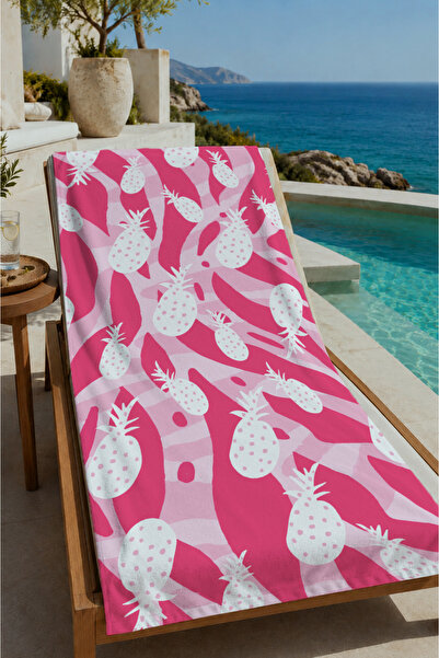 Evmila Pink and White Pineapple Patterned 70X150 Beach Towel - Digital Printe...