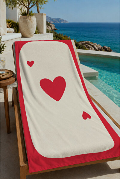 Evmila Cream Red Minimal Heart Patterned 70X150 Beach Towel - Digital Printed...