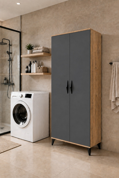 Mossano 2 Kapaklı 7 Raflı Mutfak Dolabı Banyo Dolabı Çok Amaçlı Dolap Çam Ant...