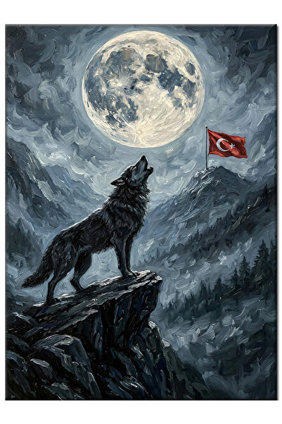 Bedeko Dolunay Önünde Uluyan Kurt Ve Türk Bayrağı Mdf Ahşap Tablo