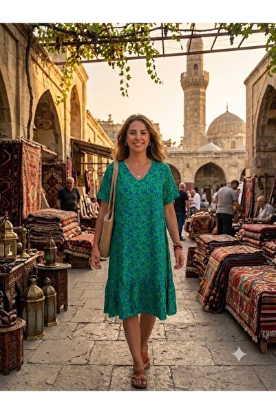 AYASOFYA OTANTIK Γυναικείο φόρεμα με λαιμόκοψη V, τσέπες και μοτίβο, με μισά ...