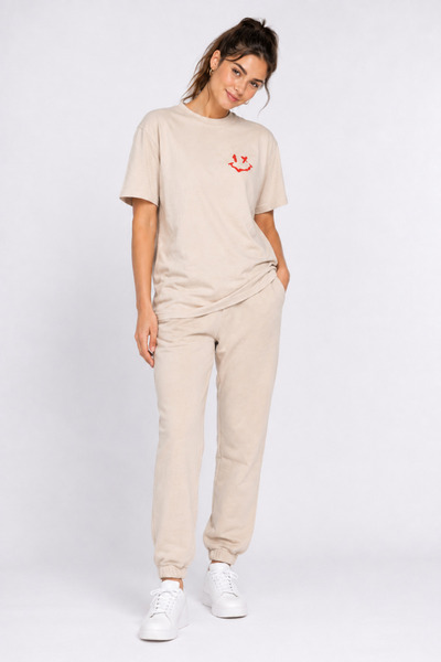 NEVERMİND Sevgili Kombini Smiley Baskılı Çift Tişört Oversize Unisex %100 Pamuk 2'li Set Bej