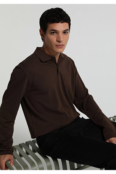 Colin's Regular Fit Polo Collar Plain Men's Brown Long Sleeve T-Shirt