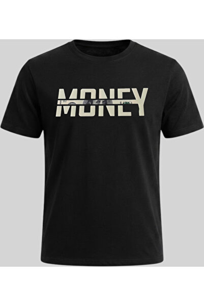 Nazlyna Black 100% Cotton Money Detailed Typography Printed Unisex T-Shirt - ...