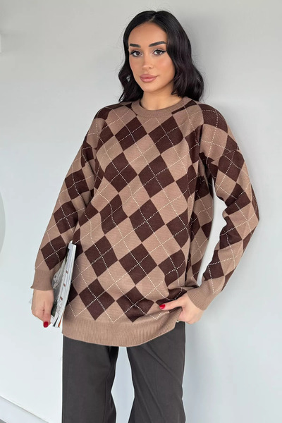 Aryena Beige Women's Plaid Patterned Crew Neck Knit Sweater