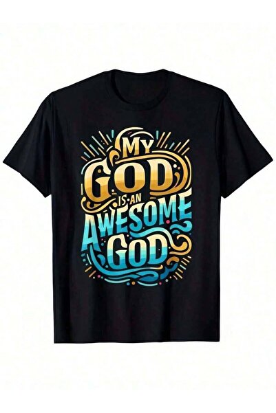 4CR 1pc Man' S Religious Inspirational Text Print Black TShirt, Crew Neck, Ca...