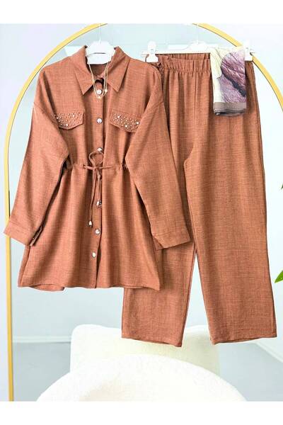 EC MODA Lace-Up Linen Trouser Suit with Stone-Embellished Cap