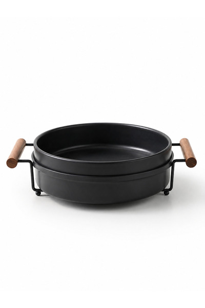 Mony moon Luxury Matt Black Ceramic Serving Tray with Metal Stand and Wooden ...