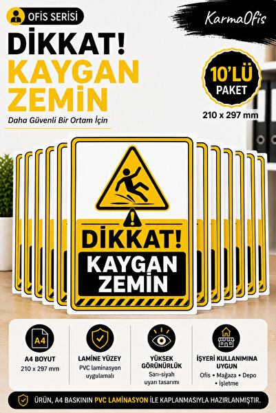 KarmaOfis A4 Caution Slippery Floor Warning Sign Pvc Laminated Wet Floor Caut...