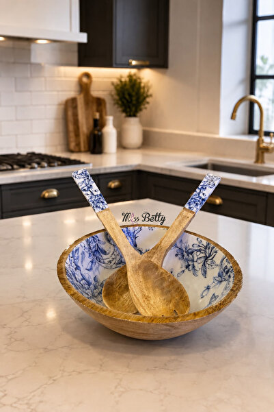 Miss Betty Blue Life Wooden Salad Bowl Tableware and Presentation Set with Se...