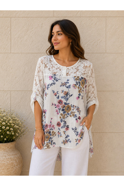 AGORATEKSTİL Women's Original Italian Short Front Long Back Lace Blouse 44-48