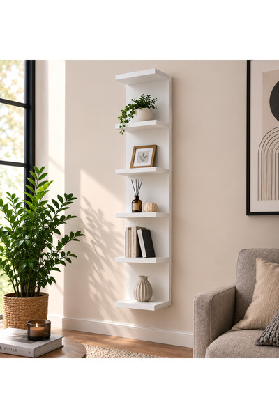 Genel Markalar 6 Katlı Dekoratif Duvar Rafı – 30×25×180 cm Beyaz Duvar Rafı