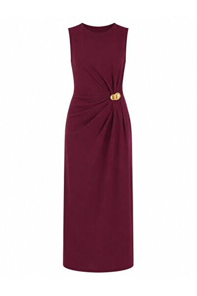 Laluvia Burgundy Long Dress with Gold Buckle - 2Y8191