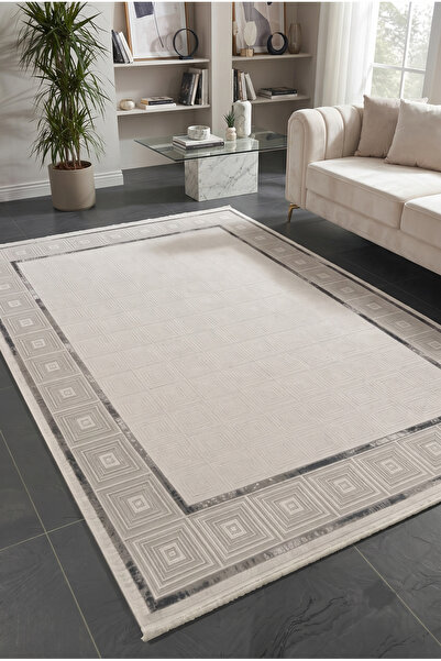 Pastel Modern Geometrik Desenli Çerçeveli Gri Halı Oturma Odası Salon Yatak O...