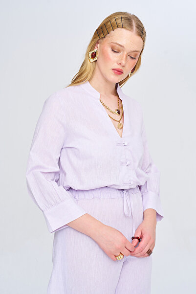 Orfeo Negro Women's Chinese Collar Solid Color Crop Shirt