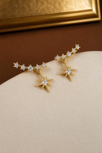 TREND COLLECTİON Women's Gold Pole Star Dangle Stone Earrings