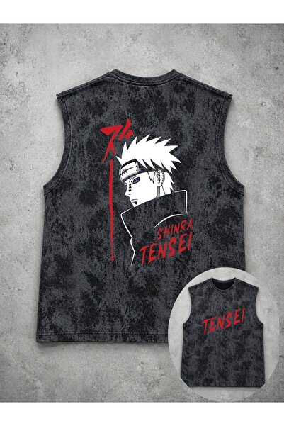 classy moda Unisex Black Washed Sleeveless Tank Top with Anime Print on the Back