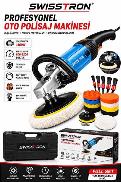 SwissTron 1400W Profesyonel Polisaj Makinesi 180 mm Devir Ayarlı Bakır Sargılı Pasta Cila Çantalı Full Set