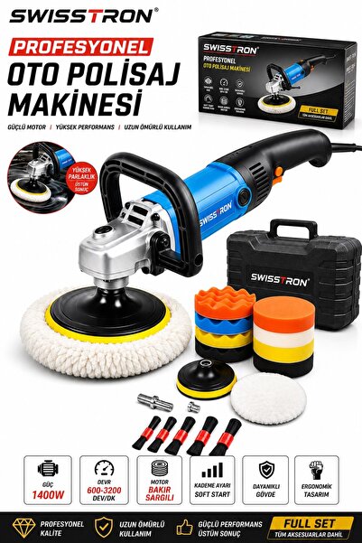 SwissTron 1400W Profesyonel Polisaj Makinesi 180 mm Devir Ayarlı Bakır Sargılı Pasta Cila Çantalı Full Set