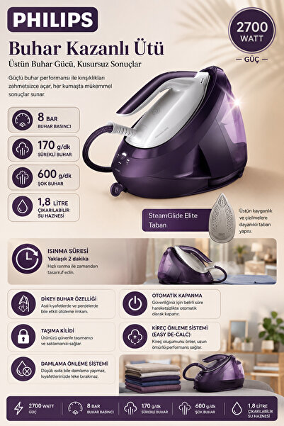 Philips Zahmetsiz Ütüleme. Hızlı Sonuçlar. Buhar Kazanlı Ütü Mor