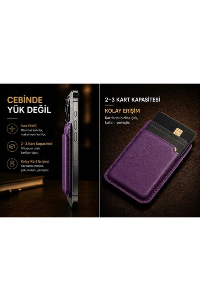 KVK TS Magsafe Compatible Magnetic Phone Card Holder – Slim Premium Vegan Leather Card Holder with Capacity for 2-3 Cards – Purple