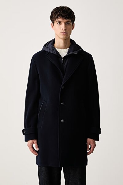 PAUL&SHARK Men's Fully Lined Detachable Hooded Pure Wool Navy Blue Jacket