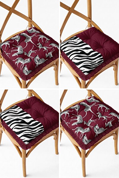 IdeCraft Bordo Zebra Desenli Modern 4'lü Saçaklı Pofidik Sandalye Minderi Seti