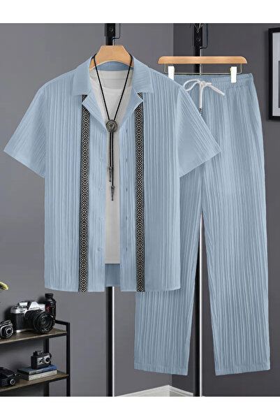 Take Two By Styli Men Plus Size Patterned Panel Shirt and Pants Co-ord Set