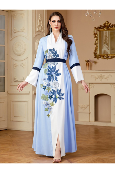 Take Two By Styli Blue Floral Sequin Embroidered Tie-Up Details Maxi Jalabiya