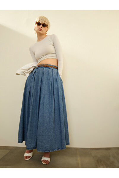 Sassafras By Styli Blue Denim Acid Wash Box Pleated Maxi Skirt