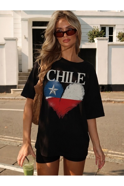 Generic Brand Chile Heart Flag With Text,casual wear,women's t-shirt,crew nec...