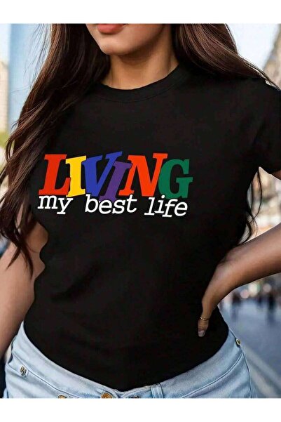 29CUN Living My Best Life" Colorful Graphic Tee For Women- Casual Crew Neck, ...