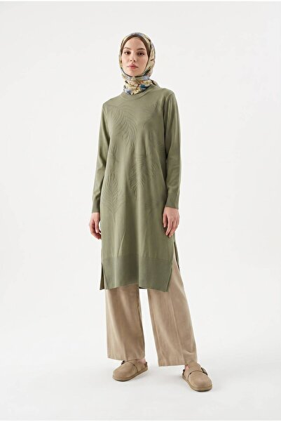 Armine Trend Soğuk İplik Yaprak Desenli Yırtmaç lı TAM KALIP Triko Tunik-112 CM