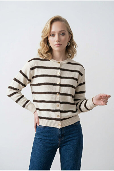 Gülçin Coşkun Crew Neck Gold Button Detailed Striped Trendy Basic Women's Kni...